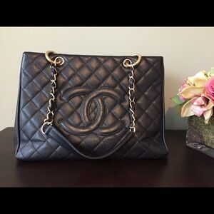 CHANEL Quilted Black Tote with Gold Chain